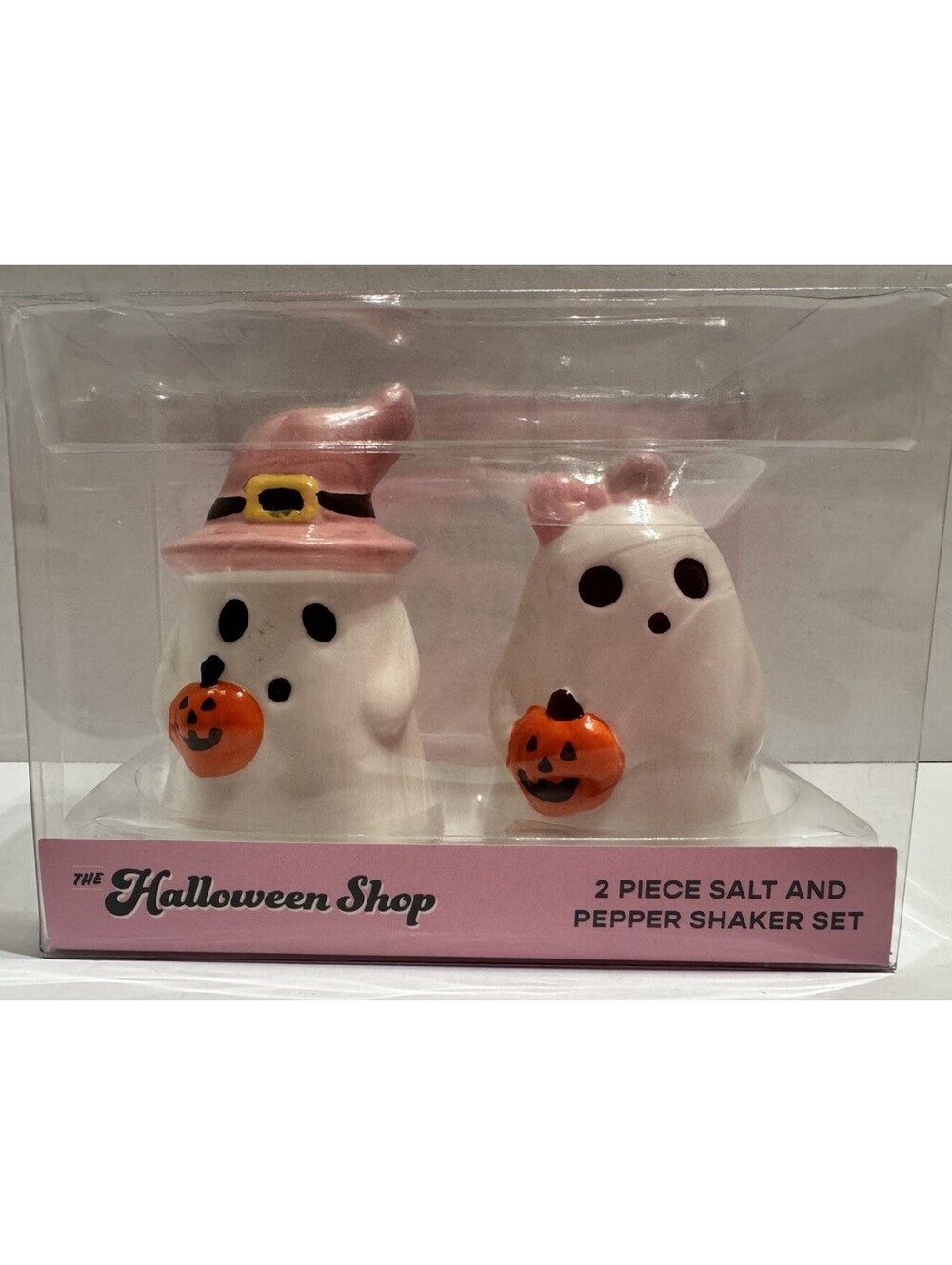 The Halloween Shop Hand Painted Salt & Pepper Shakers-Ghosts in Pink Attire NWT